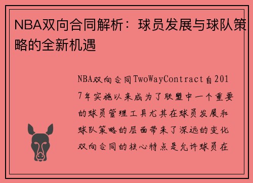 NBA双向合同解析：球员发展与球队策略的全新机遇