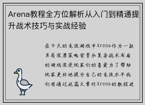 Arena教程全方位解析从入门到精通提升战术技巧与实战经验
