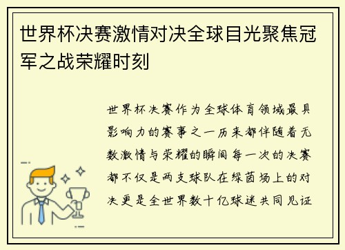 世界杯决赛激情对决全球目光聚焦冠军之战荣耀时刻