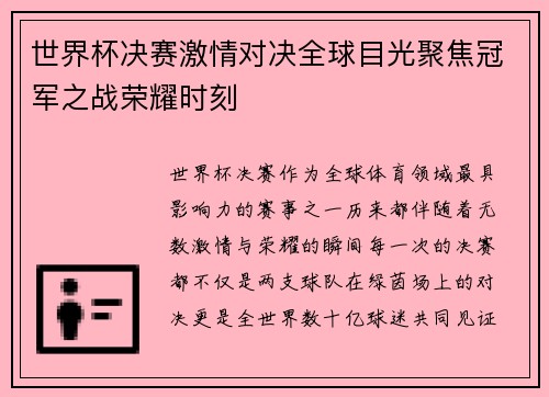 世界杯决赛激情对决全球目光聚焦冠军之战荣耀时刻