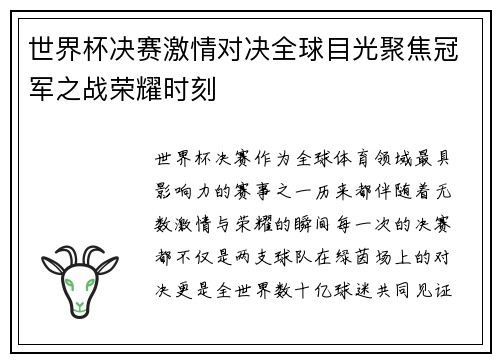 世界杯决赛激情对决全球目光聚焦冠军之战荣耀时刻