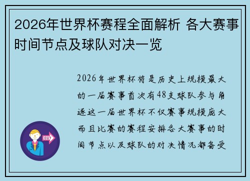 2026年世界杯赛程全面解析 各大赛事时间节点及球队对决一览